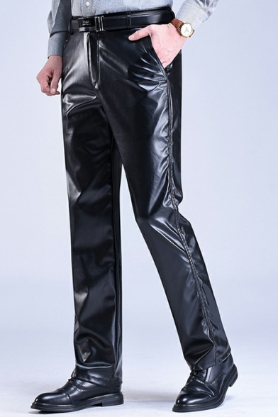 Modern Mens Pants PU Leather Pocket Detail Mid Rise Full Length Regular Fit Pants in Black