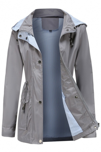 Modern Womens Jacket Plain Zip Fly Waist-Control Long Sleeve Detachable-Hat Raincoats