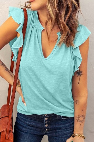 Modern Womens T-Shirt Pure Color Deep V Neck Cap Sleeve Loose Fit Tee Shirt with Ruffles