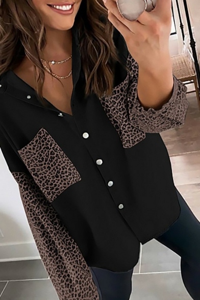Retro Womens Denim Jacket Leopard Print Patchwork Spread Collar Button Closure Loose Fit Denim Jacket