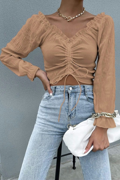Sexy Ladies Cropped Shirt Solid Color V Neck Ruched Long Puff Sleeve Shirt with Ruffles