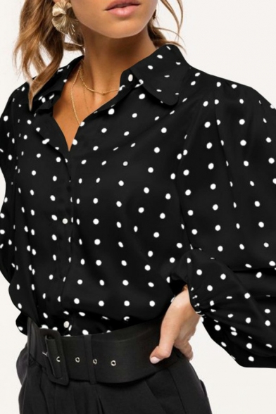 Simplicity Womens Shirt Button Closure Turn Down Collar Polka Dot Pattern Puff Sleeve Oversized Shirt