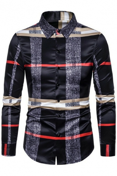 Stylish Men's Shirt Checker Pattern Turn-Down Collar Single Breasted Long Sleeve Shirt
