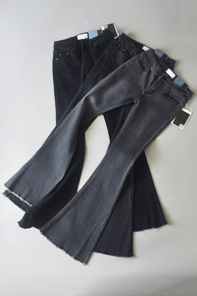 Stylish Womens Jeans Darkwash Blue Zip Up High Waist Wide Leg Denim Pants