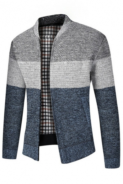 Trendy Cardigan Contrast Heathered Brushed Zip-up Pocket Stand Collar Cardigan for Men