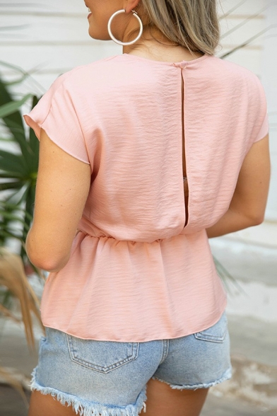 Trendy Ladies Shirt Plain V-Neck Cap Sleeve Ruched Blouses