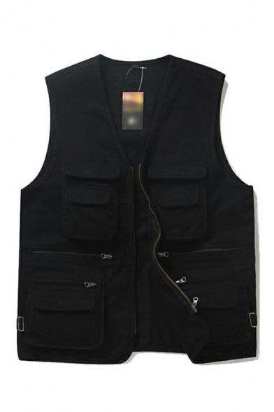 Trendy Mens Vest V-neck Solid Color Pocket Detail Zip Closure Regular Fit Vest