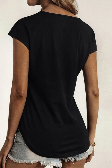 Trendy Womens T-Shirt Solid V-Neck Half Zip Cap Sleeve Lace T-Shirt