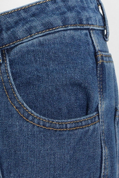 Unique Ladies Jeans Midwash Blue Asymmetric Zip Mid Rise On-Seam Bootcut Denim Pants
