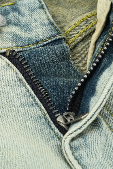 Unique Womens Jeans Acid Wash Zip Closure High Waist Straight Denim Pants