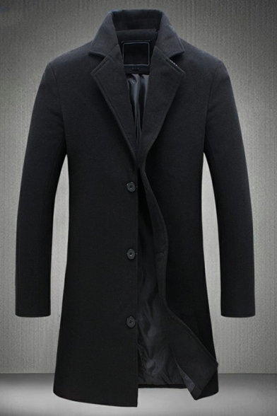 Vintage Coat Pure Color Long-sleeved Single Breasted Regular Lapel Collar Pea Coat for Men