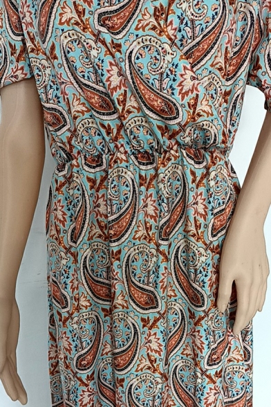 Vintage Ladies Shirt Dress V Neck Paisley Pattern Split Side Short Sleeve Maxi Dress with Belt