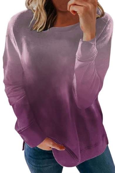 Vintage Ombre Print Sweatshirt Round Collar Long Sleeve Loose Fit Pullover Sweatshirt for Ladies