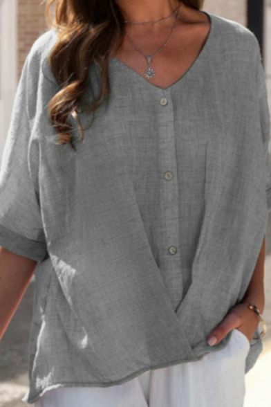 Vintage V Neck Shirt Plain Cotton and Linen Button Detail Half Sleeve Oversized Shirt for Women