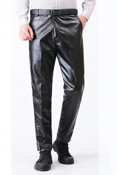 Basic Mens Pants PU Leather Pocket Detail Zip Placket Mid Rise Full Length Regular Fit Pants in Black