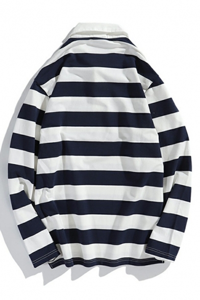 Basic Mens Polo Shirt Stripe Print Long Sleeve Button Detail Turn-down Collar Loose Fit Polo Shirt