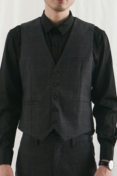 Casual Guys Suit Vest Plain Belt Back V-Neck Slim Fit Sleeveless Button down Blazer Vest