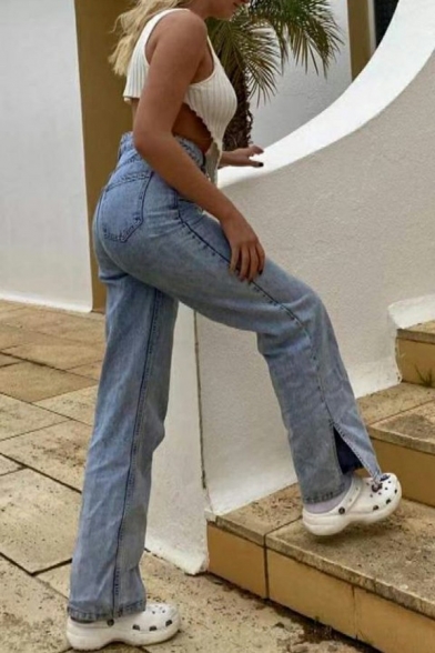 Casual Womens Jeans Black Zip Closure High Waist Split Hem Straight Denim Pants