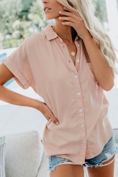 Casual Womens Shirt Spread Collar Plain Button Closure Roll Up Sleeve Relaxed Fit Shirt