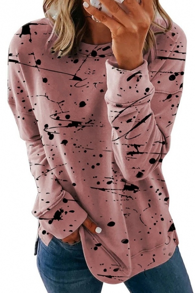 Chic Ladies Sweatshirt Ink Splash Print Crew Neck Long-Sleeved Fitted Pullover Sweatshirt