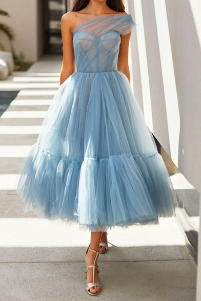 Couture Womens Dress Plain One Shoulder Sleeveless Sheer Ruffle Midi Flare Dress