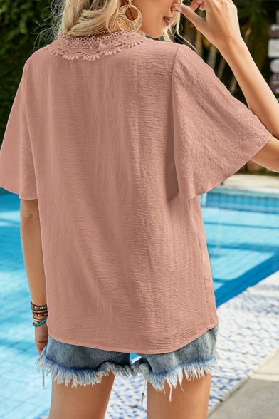 Elegant Womens Shirt Plain V-Neck Appliques Short Sleeve Blouses