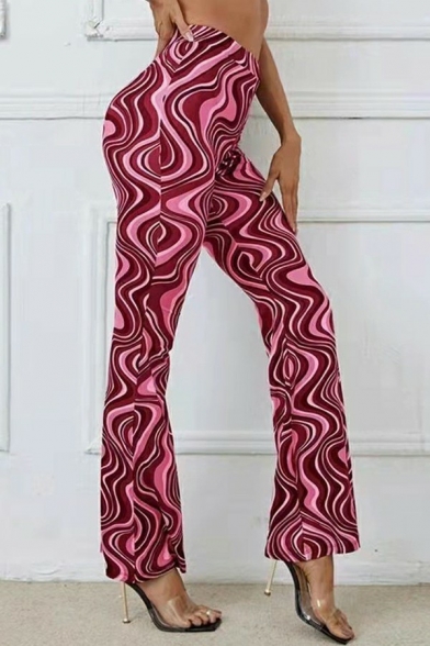 Fancy Womens Pants Color Block Elastic Waist High Rise Flared Wide Leg Pants