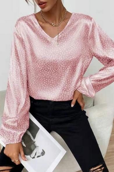 Fashion Womens V Neck Shirt Leopard Pattern Puff Sleeve Loose Fit Satin Shirt