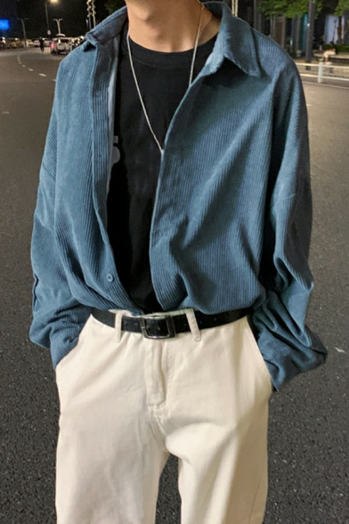 Guys Leisure Shirt Plain Corduroy Turn-Down Collar Drop Shoulder Long Sleeve Single Breasted Shirt