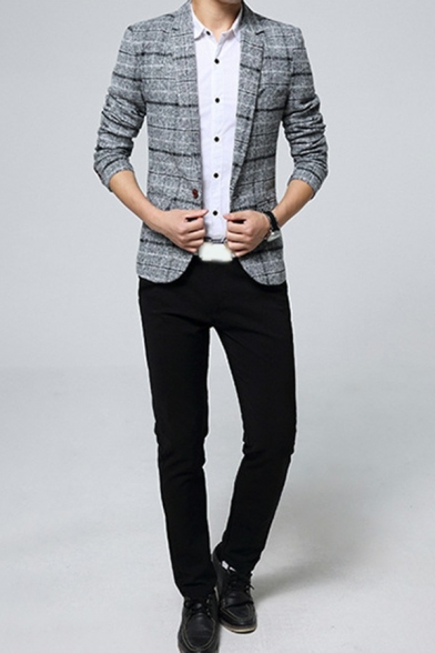 Hot Guys Suit Plaid Print Slimming Pocket Lapel Collar Button Front Suit