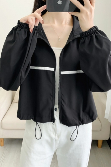 Leisure Womens Jacket Color Block Zip Fly Stand Collar Long Sleeve Cuffed Drawstring Bottom Workout Jacket