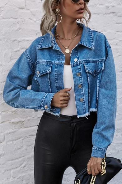 Leisure Womens Jacket Solid Lapel Collar Single Breasted Long Sleeve Cropped Denim Jacket