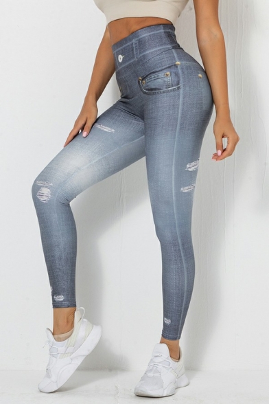 Leisure Womens Leggings Contrast Jeans Print Elastic Waist High Rise Workout Leggings