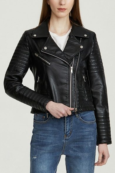 Leisure Womens PU Jacket Pure Color Oblique Zipper Notched Lapel Collar Slim Fit Leather Jacket