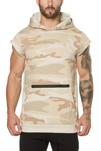 Modern Mens Camouflage Hoodie Kangaroo Pocket Sleeveless Regular Fit Hoodie