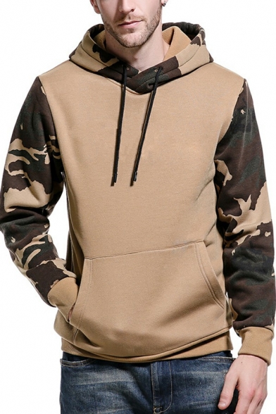 Modern Mens Drawstring Hoodie Camouflage Long-Sleeved Pocket Detail Rib Cuffs Regular Fit Hoodie