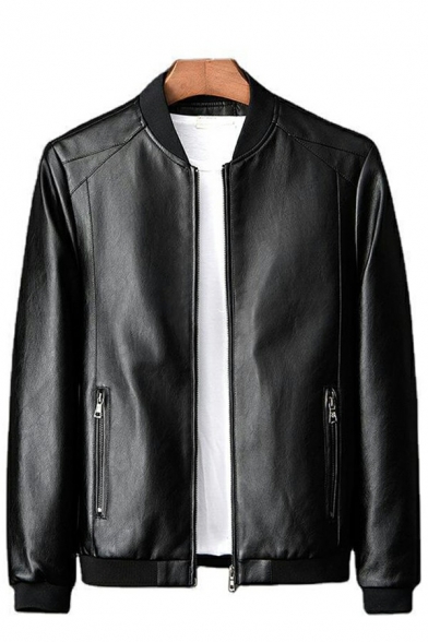 Modern Mens Leather Jacket Stand Collar Pocket Detail Zip Closure Fitted Leather Jacket