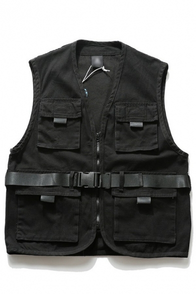 Popular Mens Cargo Vest V-neck Pure Color Pocket Detail Zip Closure Regular Fit Cargo Vest