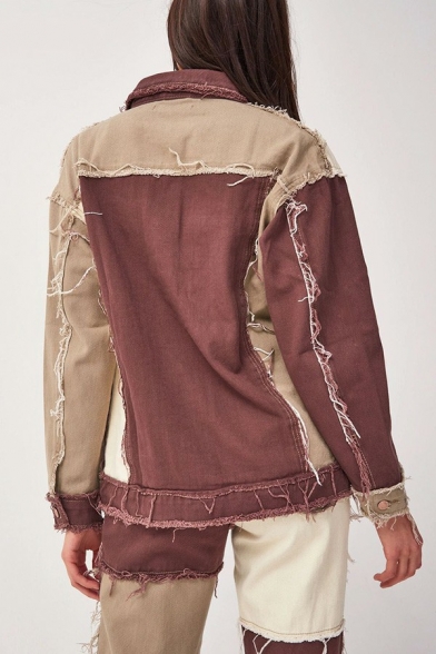 Ragged Womens Denim Jacket Turn Down Collar Color Block Contrast Panel Raw Design Button Closure Loose Fit Denim Jacket