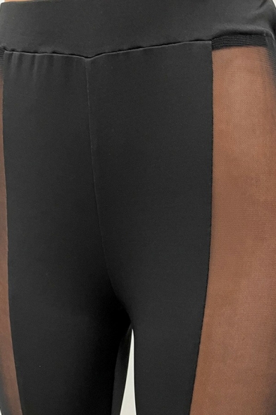 Sexy Womens Pants Mesh Splicing Mid Waist Skinny Pants in Black