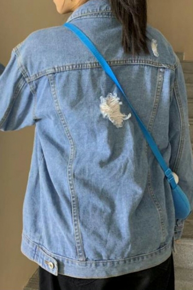 Simple Womens Jacket Solid Ripped Lapel Collar Flap Pockets Long Sleeve Denim Jacket