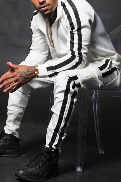 Sporty Men's Set Stripe Print Long Sleeve Stand Collar Coat with Drawstring Waist Pants Set