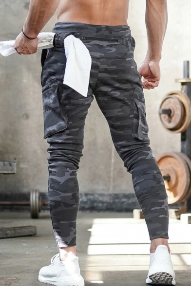 Sporty Pants Solid Color Zip Pocket Drawstring Waist Full Length Skinny Pants for Guys