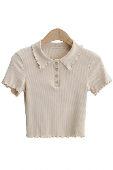 Stylish Ladies Crop Polo Shirt Spread Collar Pure Color Short Sleeve Knitted Polo Shirt with Ruffles
