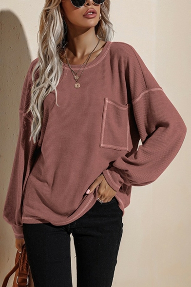 Stylish Womens Sweatshirt Plain Chest Pocket Round Neck Long Sleeve Oversized Sweatshirt