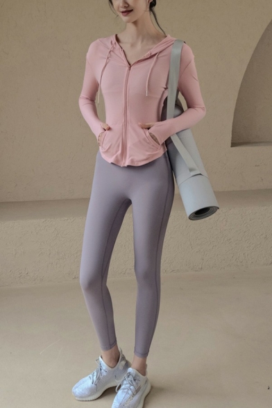 Trendy Womens Jacket Plain Drawstring Zip Fly Long Sleeve Front Pockets Dry Fit Hooded Yoga Jacket
