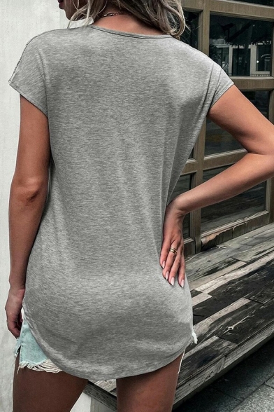 Trendy Womens T-Shirt Solid V-Neck Half Zip Cap Sleeve Lace T-Shirt