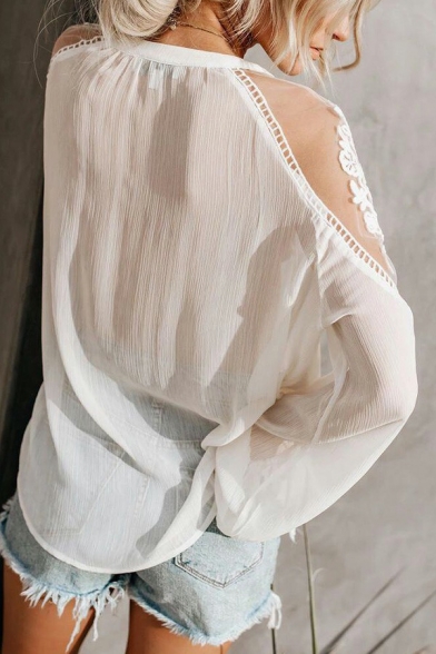 Casual Womens Blouses Plain Sheer Bow Long Puff Sleeve Peasant Shirt