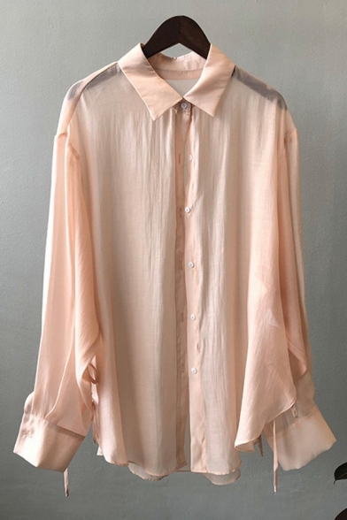 Chic Ladies Shirt Plain Turn-Down Collar Single Breasted Side Bow Long Sleeve Shirt