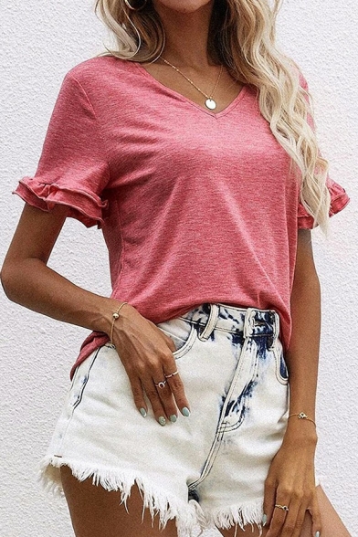 Classic Womens Tee Top Solid Color V-Neck Short Sleeve Regular Fit T-Shirt with Ruffles